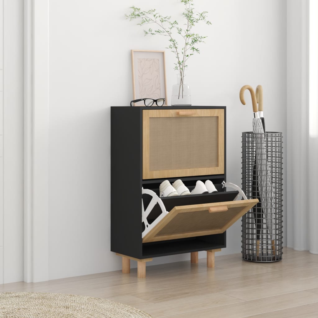 vidaXL Botník čierny 52x25x80 cm spracované drevo a prírodný ratan