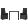 vidaXL 3-dielna záhradná jedálenská sada s vankúšmi čierna polyratan
