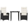 vidaXL 3-dielna záhradná jedálenská sada s vankúšmi čierna polyratan