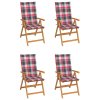 vidaXL Záhradné stoličky 4 ks červené kockované podložky teakový masív