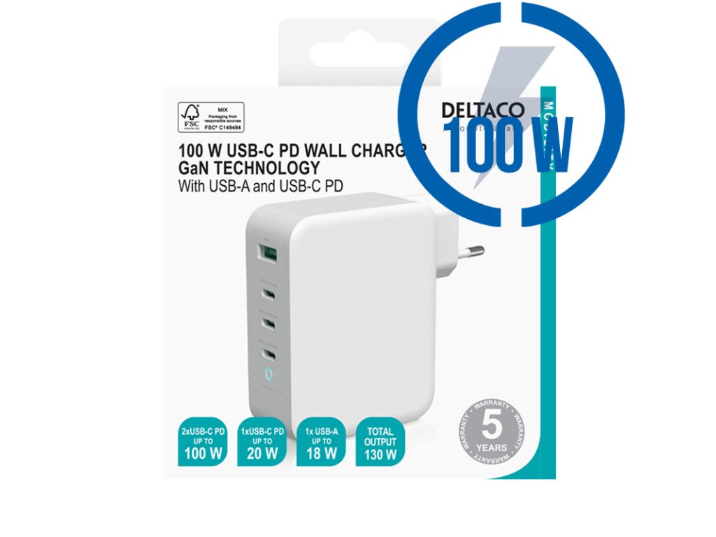 Deltaco DELTACO USBC-GAN04, 3xType C/USB, Nabíjačka