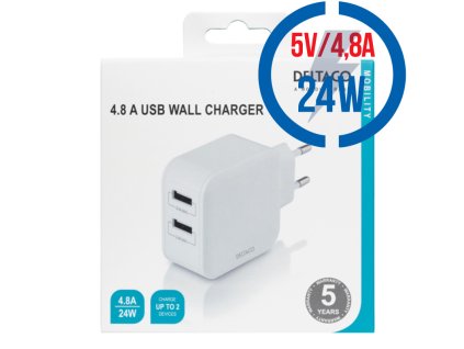 Deltaco DELTACO USB-AC175, 2x USB A, Nabíjačka, biela