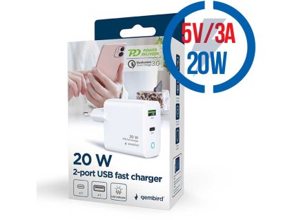 Gembird GEMBIRD TA-UC-PDQC20L-W-01, Nabíjačka, USB/USB-C