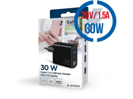 Gembird GEMBIRD Nabíjačka, 2x USB/USB-C, 30W, čierna