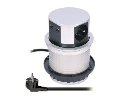 SOLIGHT Výsuvný blok zásuvek, 3 zásuvky, 2x USB, kruhový tvar nízký, prodlužovací přívod 1,5m