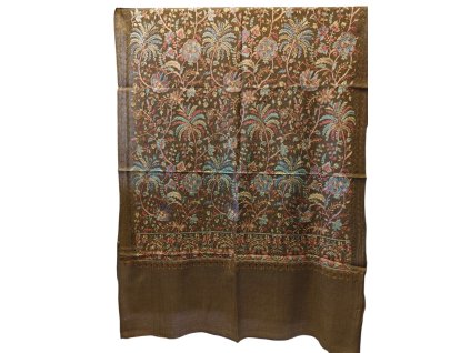 Extra jemná kašmírová šála s vyšívanými vzory - hnědozelená