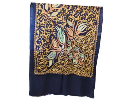Extra jemná kašmírová šála s vyšívanými vzory - modrá 2