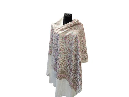 Extra jemná kašmírová šála s vyšívanými vzory - krémová bílá 6