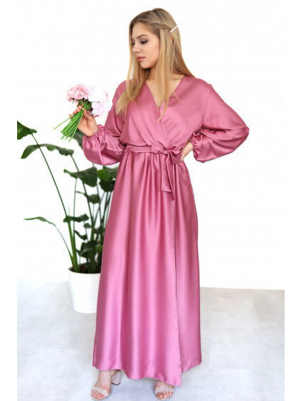 Dlouhé saténové šaty Oren s rozparkem/Růžové