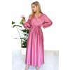 Dlouhé saténové šaty Oren s rozparkem/Růžové