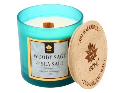Svíčka 400 g s dřevěným knotem a víčkem, Woody Sage and Salt ARÔME
