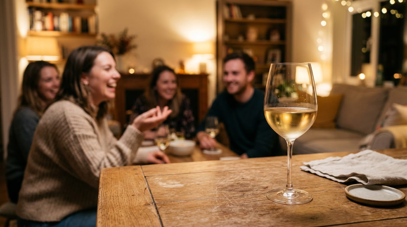 sklenka bílého vína na stole při večerním posezení s přáteli