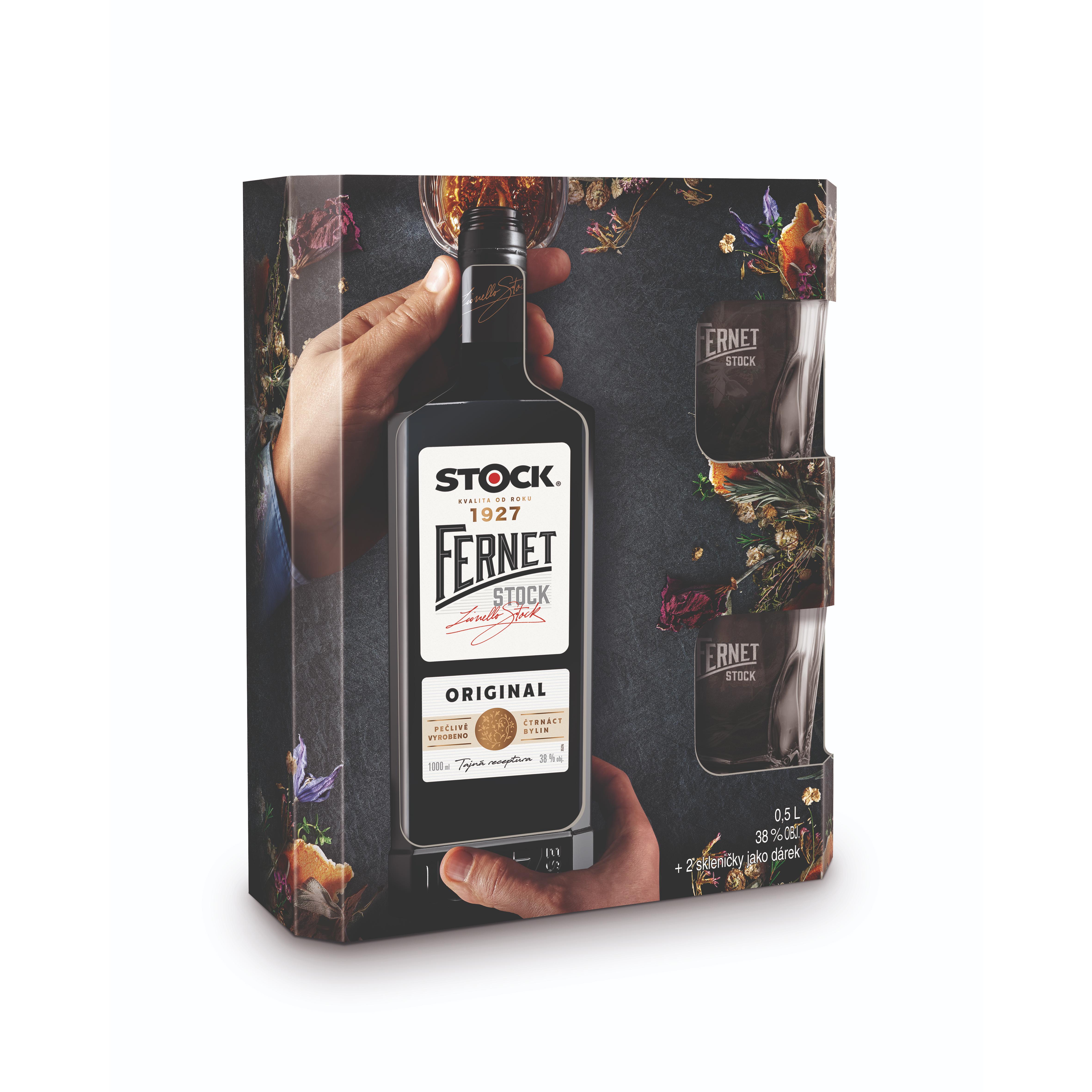 Fernet 0,5l 38% Stock (dárkové balení 2 skleničky)