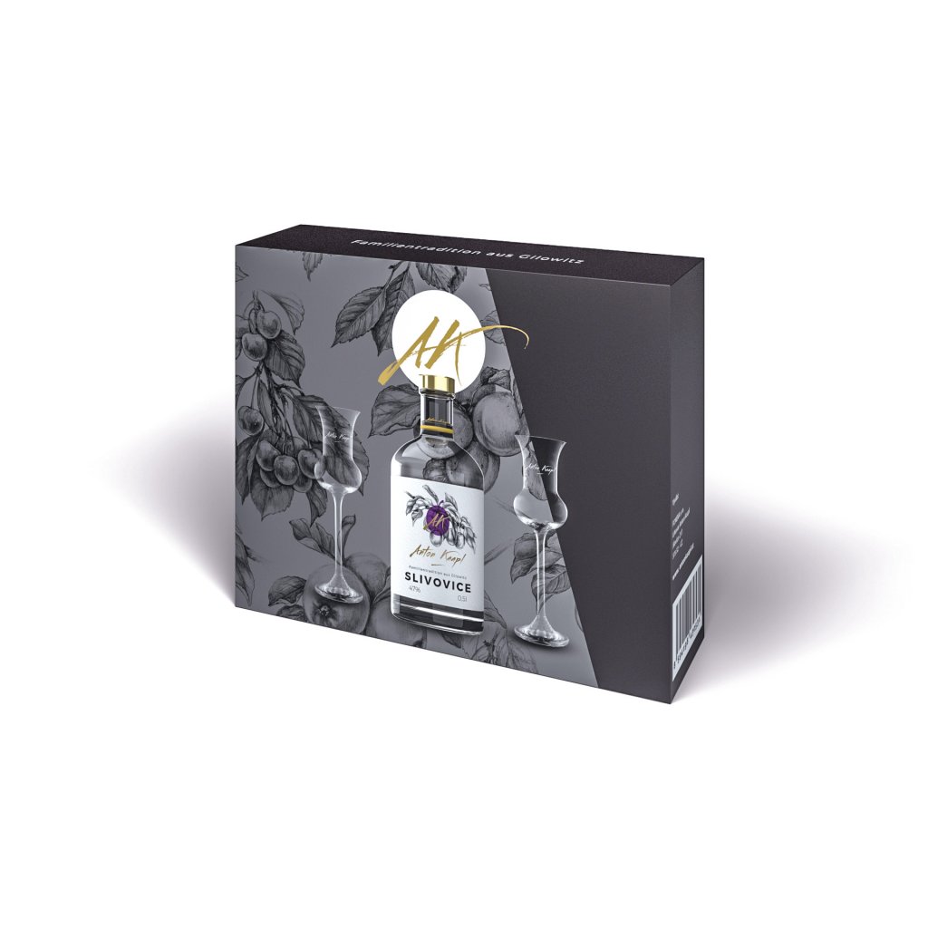 Anton Kaapl - Luxusní dárkové balení 1xSlivovice 47%, 0,5l + 2 skleničky, 85ml