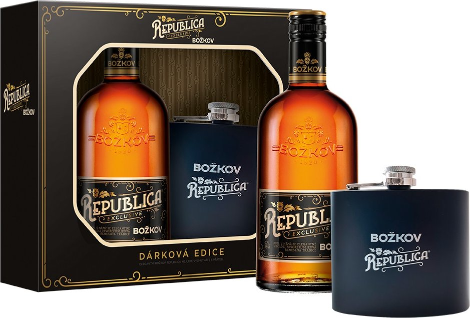 Božkov Republica Exclusive 0,5 L 38% dárkové balení s placatkou
