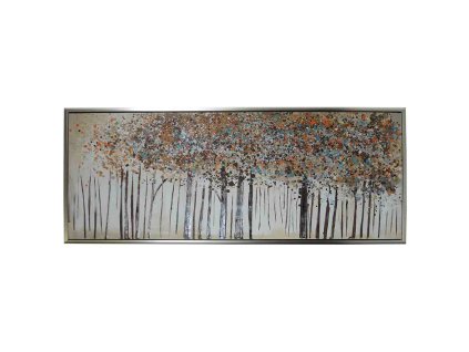 Ručně malovaný obraz se stříbrným rámem stromy 60 x 150 cm