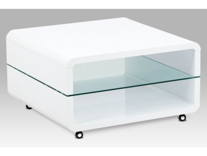 Konferenční stolek bílý se sklem a kolečky 80 x 80 x 40 cm
