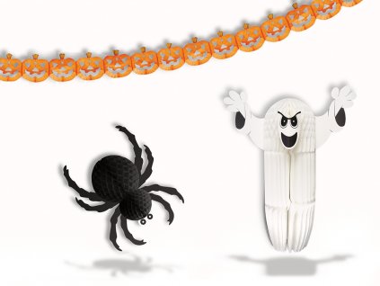 Sada 3 ks papírových dekorací: pavouk, duch, řetěz s dýněmi