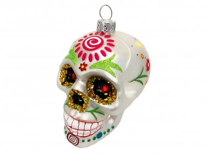Ozdoba lebka s barevnými ornamenty stříbrná 9 cm