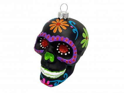 Ozdoba lebka s barevnými ornamenty černá 9 cm