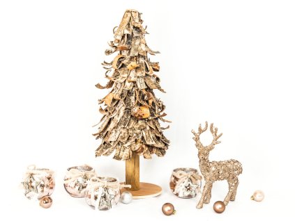 -Sada 6 ks dekorací: Stromek dřevěný 48 cm, 4 svícny a jelínek s glittery