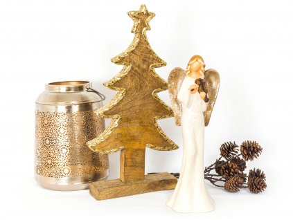 Sada 3 ks dekorací: Strom ze zlatým lemem, andělíček třpytivý, lucerna champagne