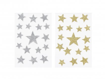 Sada 2 ks dekorací: Samolepky do oken hvězdy stříbrné, zlaté 15 cm