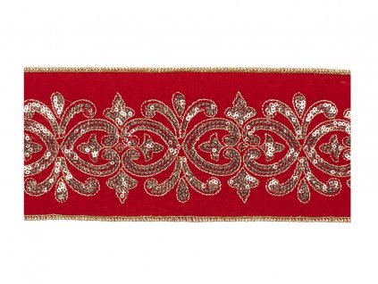 Stuha luxusní sametová červená s dekorem 10 cm x 4,5 m