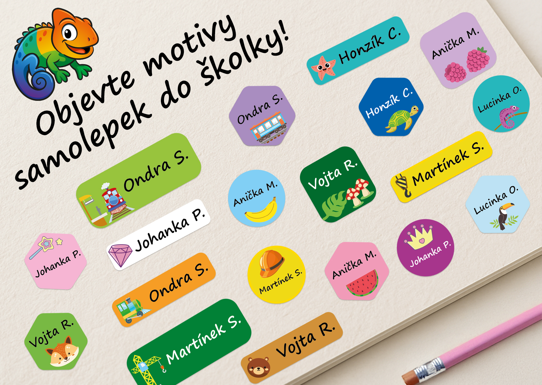 mix dětských samolepek se jménem v různých motivech