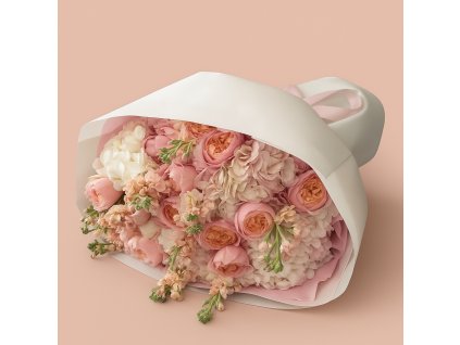 Kytice z hortenzií a keřových růží s doplňky