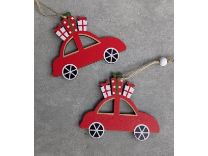 Vianočná závesná drevená dekorácia AUTÍČKO 10x8cm sada 2 kusy