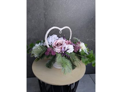 Luxusná ikebana v prútenom košíku dĺžka 65cm ruže+hortenzie+orchidea