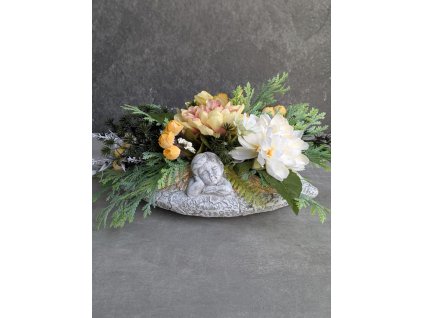 Náhrobná ikebana s anjelikom 41x20x15cm krémovo-žlto-oranžové kvety