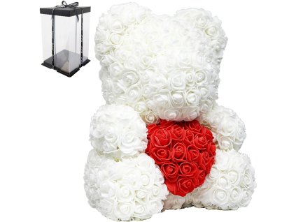Medveď srdce z bielych ruží - 25 cm