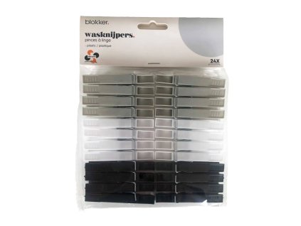 Blokker plastic wasknijpers – 24 stuks – zwart/grijs/wit