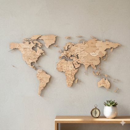 velke drevene puzzle na zed mapa sveta