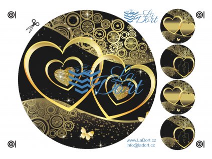 Valentýn černý motiv se zlatými srdci kruh - A4 - 00236