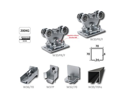 Samonosný systém 70x70x4mm posuvnej brány do 200kg/4,5m otvor (W39/70Fe 6m čierný profil, 1x W-SET70/F)