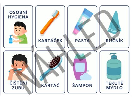 Dětské kartičky s obrázky osobní hygieny – kartáček, pasta, ručník