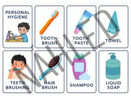 Kartičky s obrázky osobní hygieny pro děti – kartáček, pasta, ručník, mýdlo a další