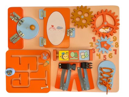 Dřevěná motorická deska busy board pro děti se zámky a kolečky