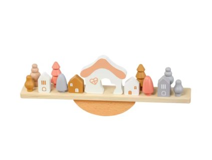 Dřevěná balanční hra s domečky a stromy v pastelových barvách