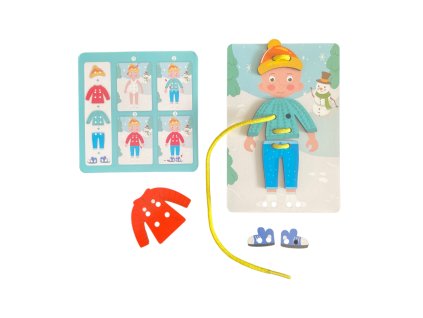 Montessori dřevěná provlékací hra pro děti – oblékání postaviček léto a zima