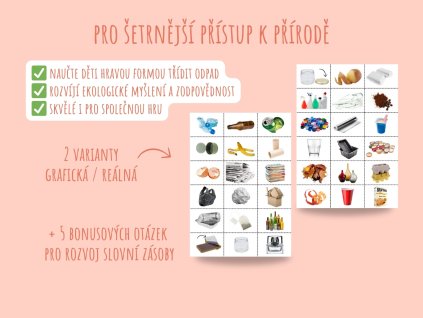 Dětská vzdělávací hra – kartičky na třídění odpadu podle barevných kontejnerů