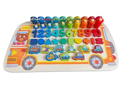 Dřevěná učící hra autobus – puzzle s čísly a tvary