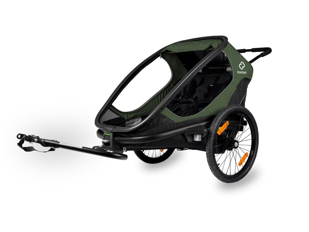 HAMAX Outback 2v1 - dvojmiestny vozík za bicykel vr. ramená + kočíkovú set - Green/Black, polohovaci