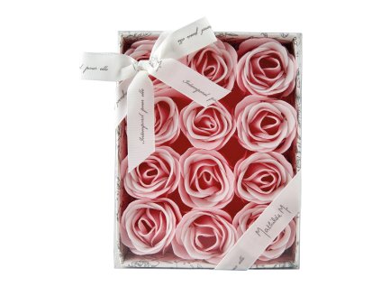 coffret de 12 roses en feuilles de savon rose et blanches parfum rose