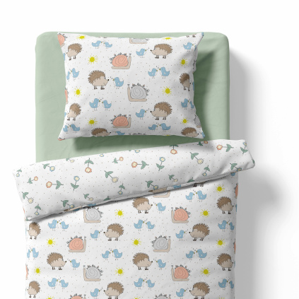 Children's crib bedding - Hedgehog and snail - white