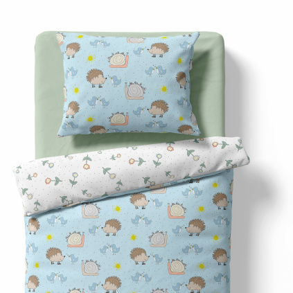 Baby crib bedding – Hedgehog and snail – light blue/white