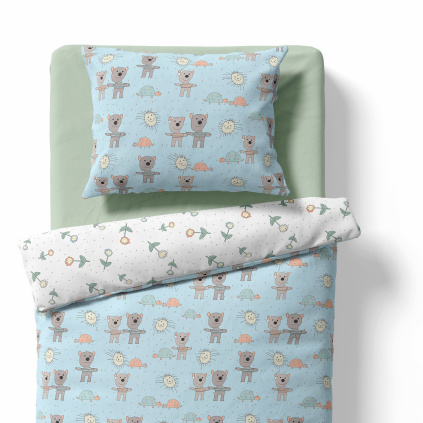 Baby crib bedding – Teddy bear and turtle – light blue/white